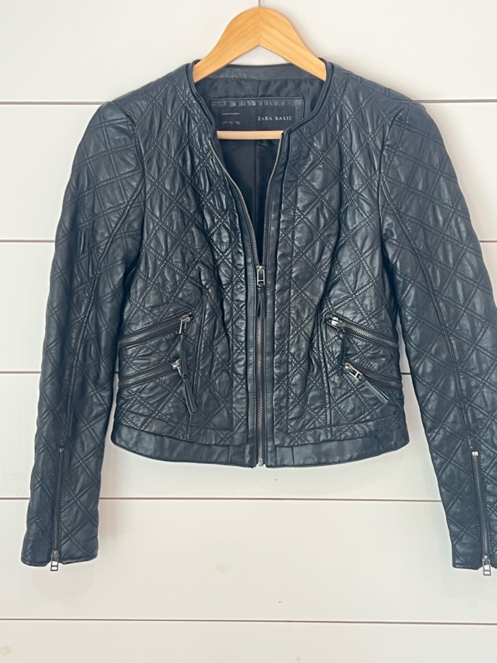 Zara Black‎ Quilted Faux Leather Biker Jacket